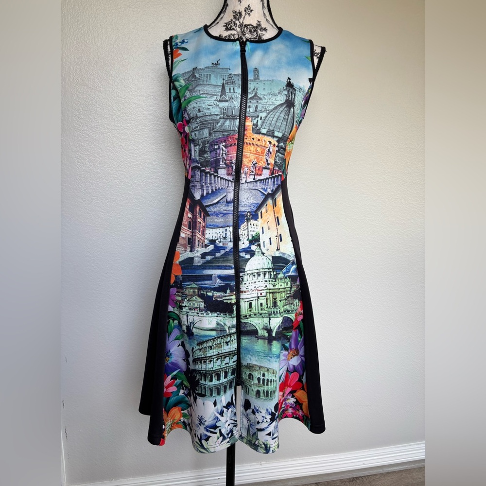 Just Love Multi-Color Scenic Print Midi Dress with Black Panels - Picture 2 of 15